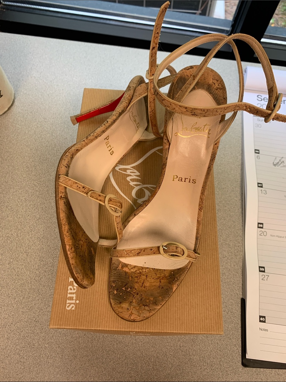 Christian Louboutin Cork Ankle-Strap Stiletto Sandals with Red Sole
